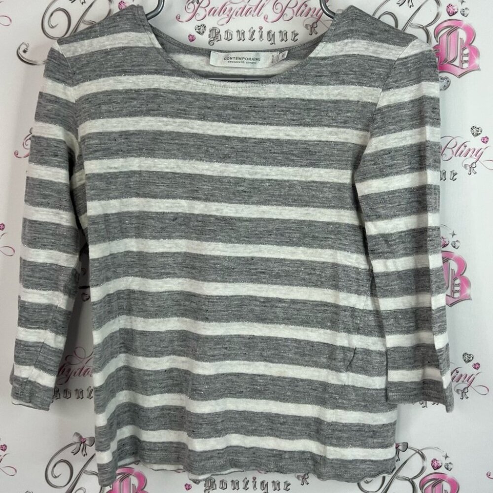 Contemporaine shirt long sleeve white Gray Striped Long Sleeve Tee stripes